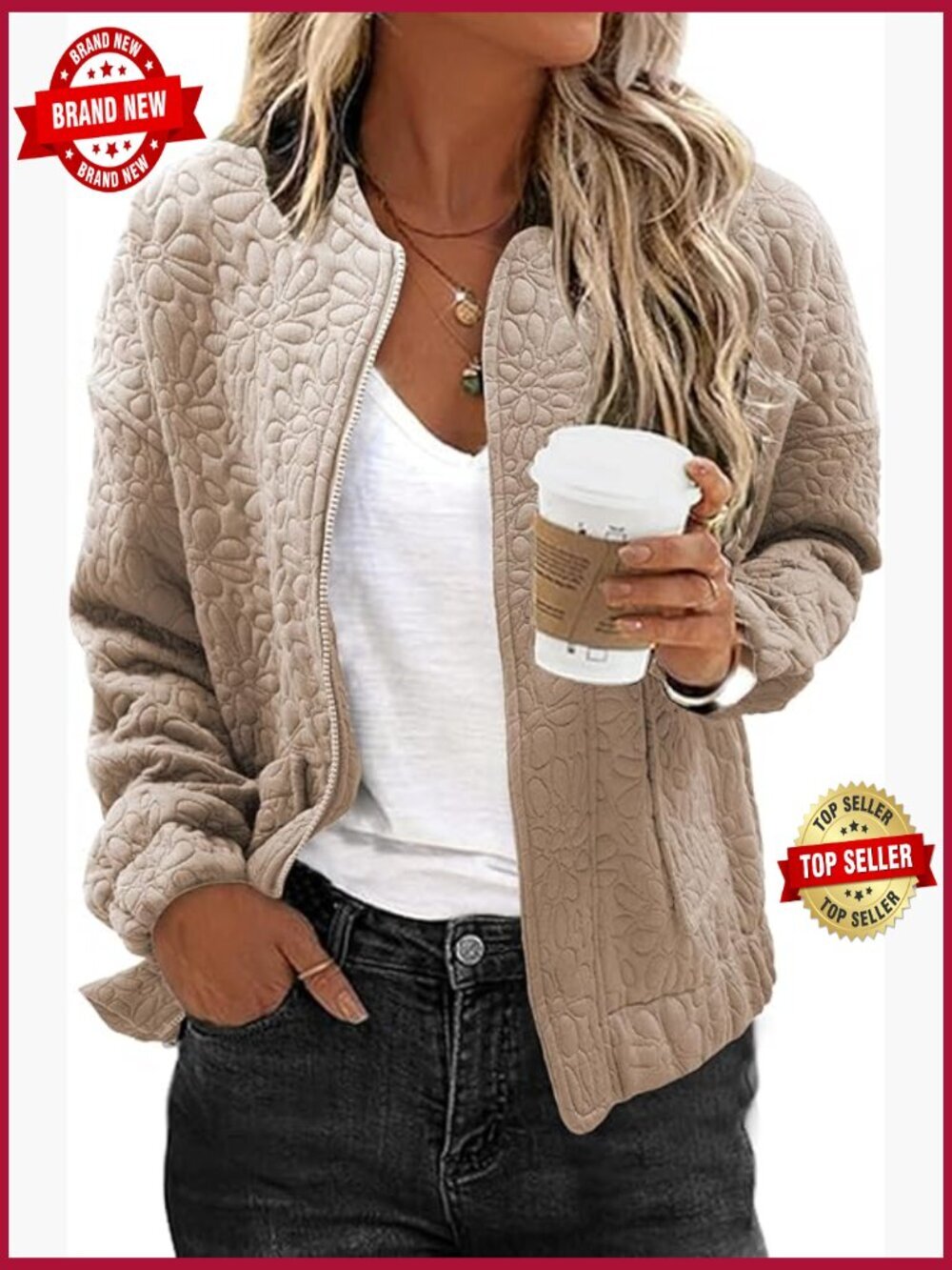 Lightweight Zip Up Jacquard Bomber Jacket with Pockets